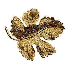Vintage Gold Tone Textured Leaf Brooch Pin with Faux Pearl Accent Classic Style